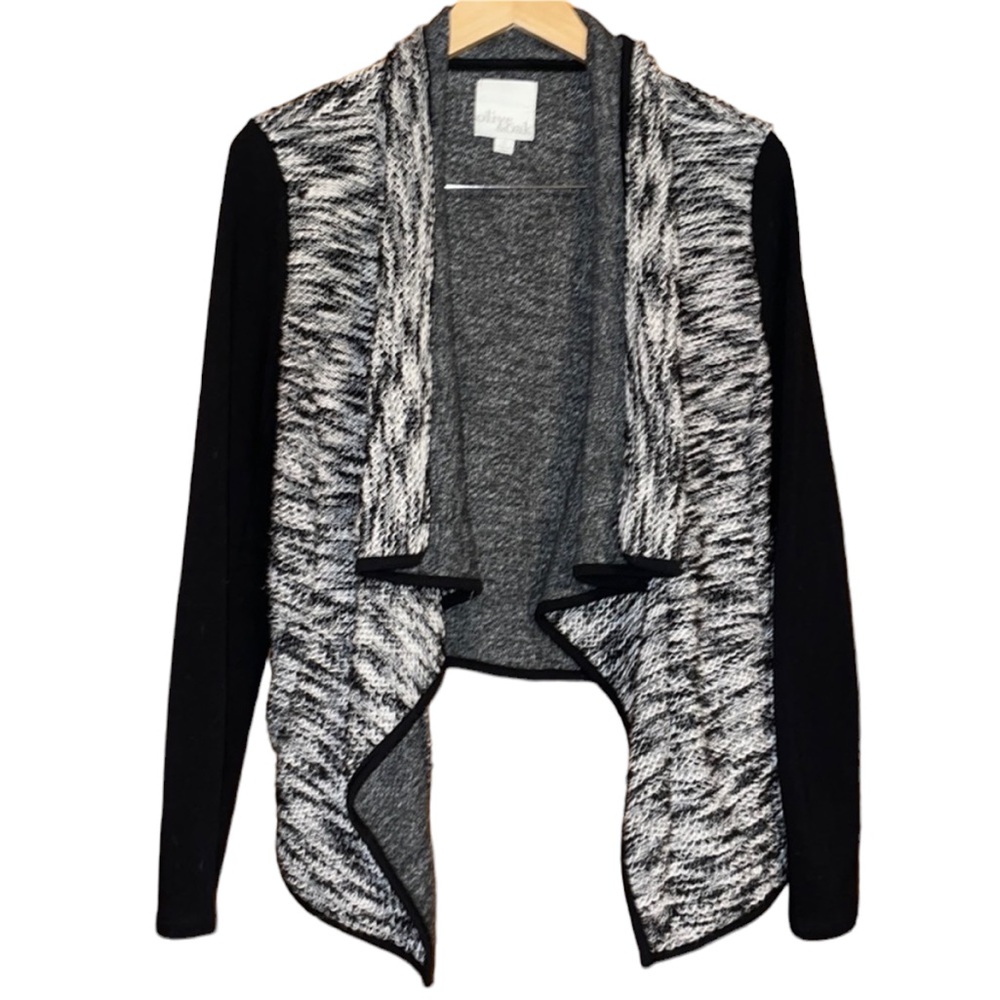 •OLIVE OAK•WHITE/GRAY/BLACK WATERFALL FRONT OPEN CARDIGAN SIZE SMALL EUC